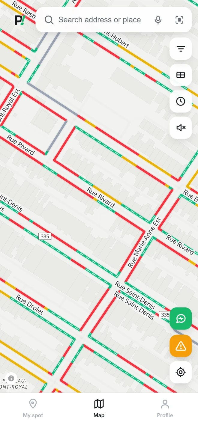 Panoui! map of the Plateau: Rue Rivard with curbs coloured green, red and yellow